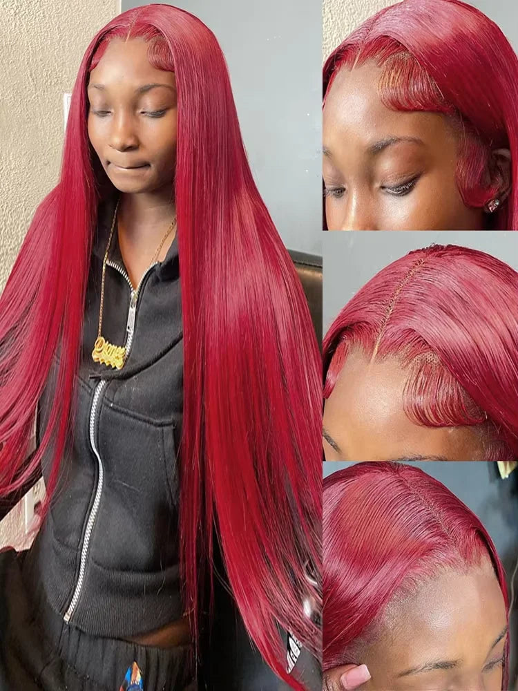 99j Burgundy Lace Front Human Hair Wig 40 Inch 13x6 Straight Lace Frontal Wigs HD Transparent Lace Colored Red Wig For Women